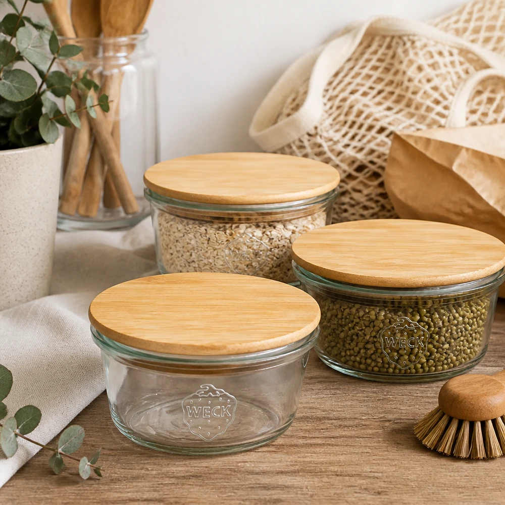 Minibutelki WECK RR60 o pojemności 50 ml z drewnianą pokrywką WECK Mini Sturzglas 50ml mit Bambusdeckel in nachhaltiger Zero-Waste Küche mit Mesh-Beutel und Holzutensilien
