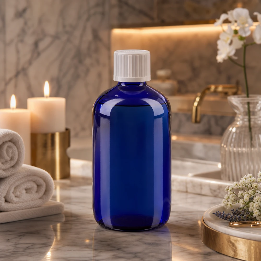 Niebieska butelka apteczna o pojemności 100 ml z zamknięciem zabezpieczającym przed dziećmi, w eleganckiej atmosferze spa z świecami