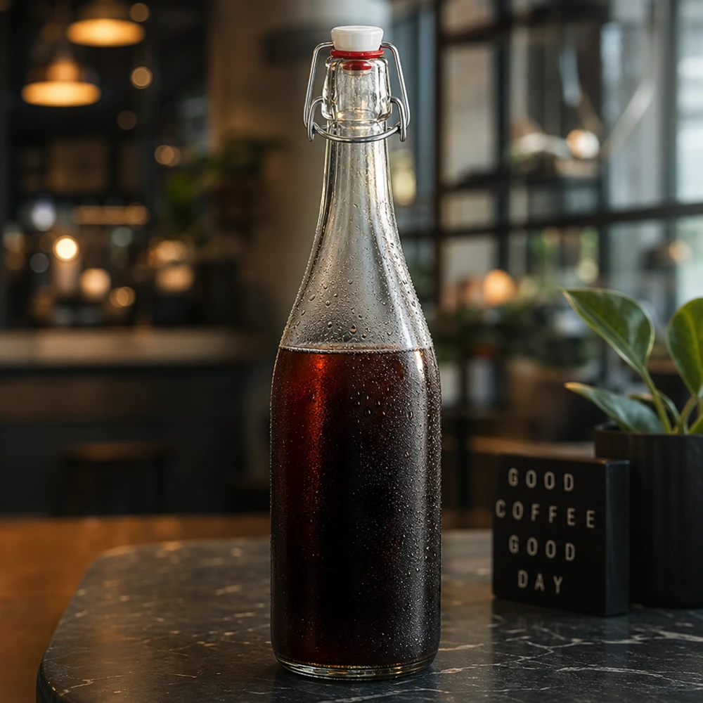 750ml szklana butelka wypełniona colą atmosfera kawiarni zimna kawa parzona oświetlenie otoczenia stylowy