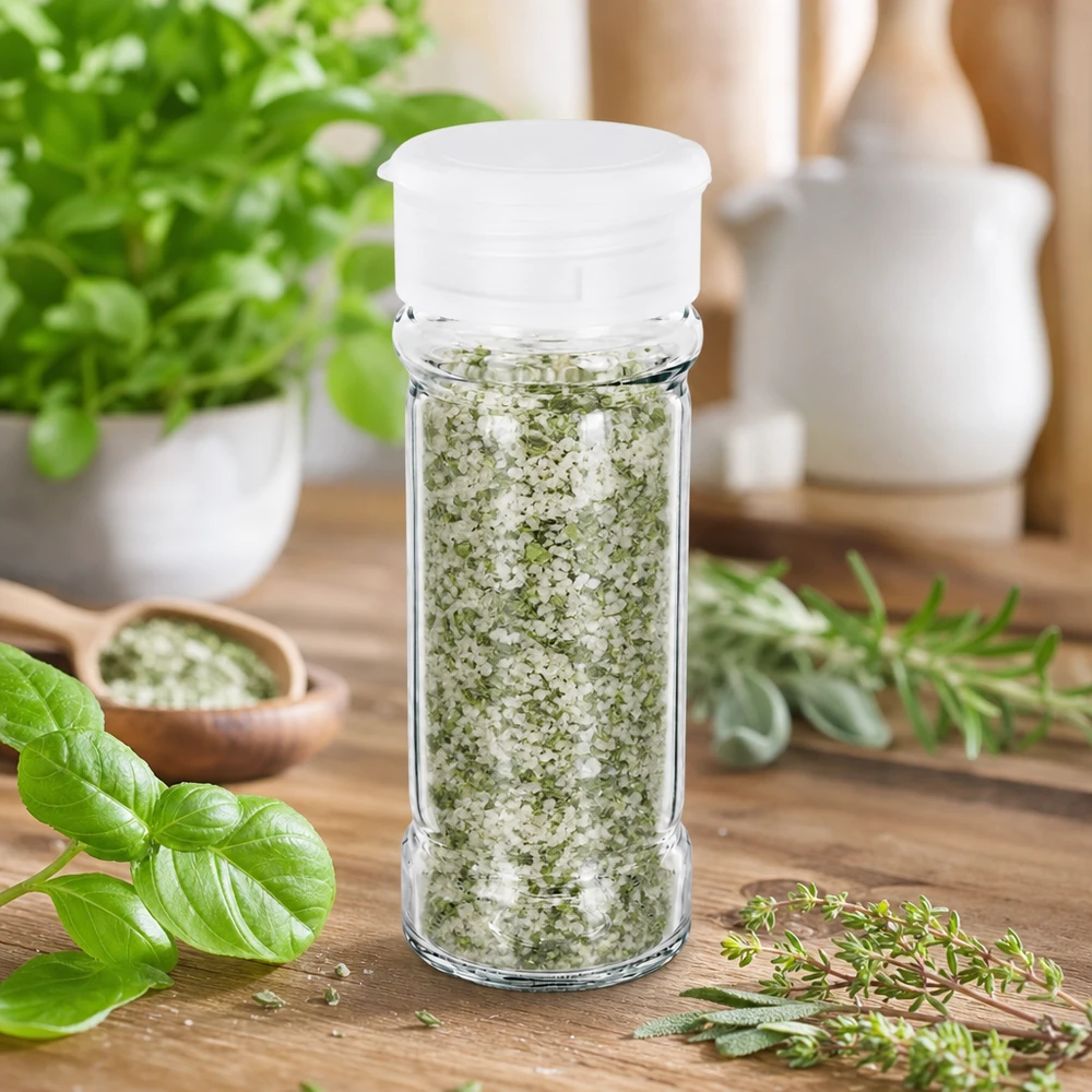 Słoik na sól/przyprawy 100 ml z dozownikiem, biały Mały słoiczek na przyprawy o pojemności 100 ml z białą pokrywką z dozownikiem, wypełniony solą ziołową, stojący na drewnianym stoliku