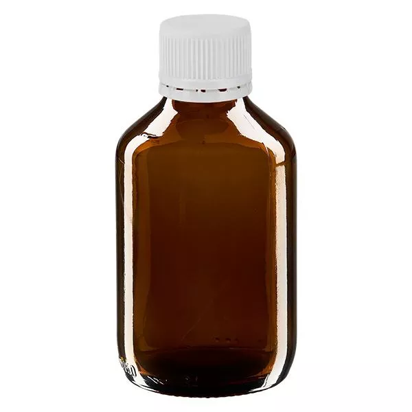 Butelka na lek 150 ml bursztynowa, zakrętka biała z pierścieniem zabezpieczającym ApoGlas. Farmaceutyczna jakość produkcji UE. Gwint 28 mm (PP28). (syrop, butelka z lekkiego szkła) Butelka na lek 150 ml bursztynowa, zakrętka biała z pierścieniem zabezpieczającym ApoGlas. Farmaceutyczna jakość produkcji UE. Gwint 28 mm (PP28). (syrop, butelka z lekkiego szkła)