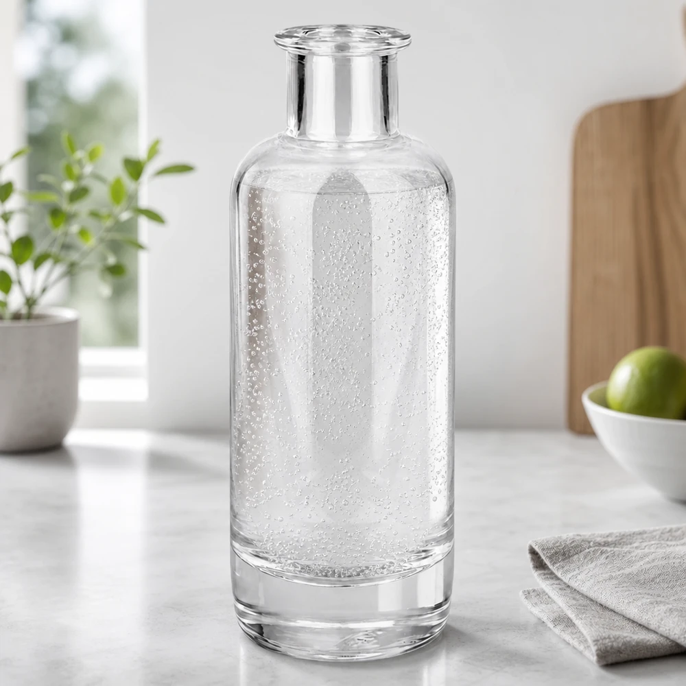 200 ml szklana butelka Ella wypełniona gazowaną wodą mineralną w nowoczesnej kuchni pokazuje zastosowanie do napojów