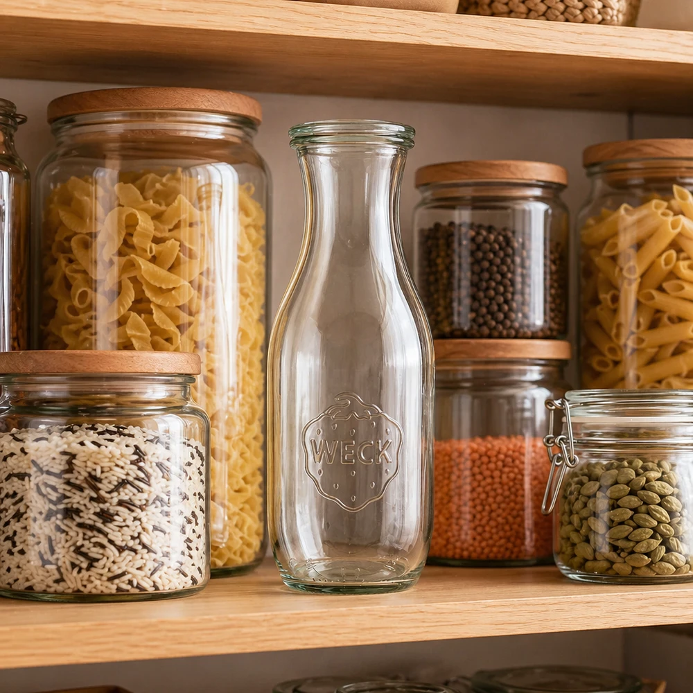 Butelka na sok o pojemności 1062 ml z szklaną pokrywką WECK RR60 WECK Saftflasche 1062ml leer in organisierter Vorratsküche zwischen Einmachgläsern mit Nudeln Hülsenfrüchten auf Holzreg