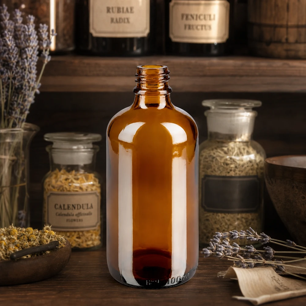 100 ml brązowa butelka aptekarska ApoGlas z ziołami nagietka i lawendą w rustykalnym klimacie aptekarskim