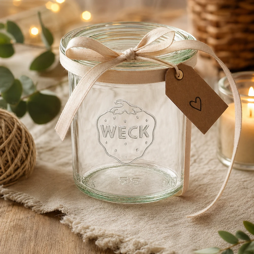 Słoik WECK 140 ml z pokrywką szklaną RR60 | Najwyższa jakość WECK Sturzglas 140ml RR60 als Geschenk dekoriert mit beiger Schleife und Herzanhänger auf rustikalem Holztisch