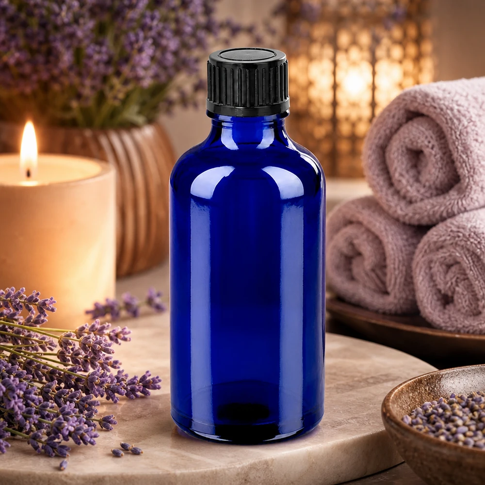50 ml butelka 11 mm SV czarna STD BlueLine UT18/50 Butelka aptekarska 50 ml w kolorze kobaltowego błękitu ze standardową zakrętką 11 mm do aromaterapii