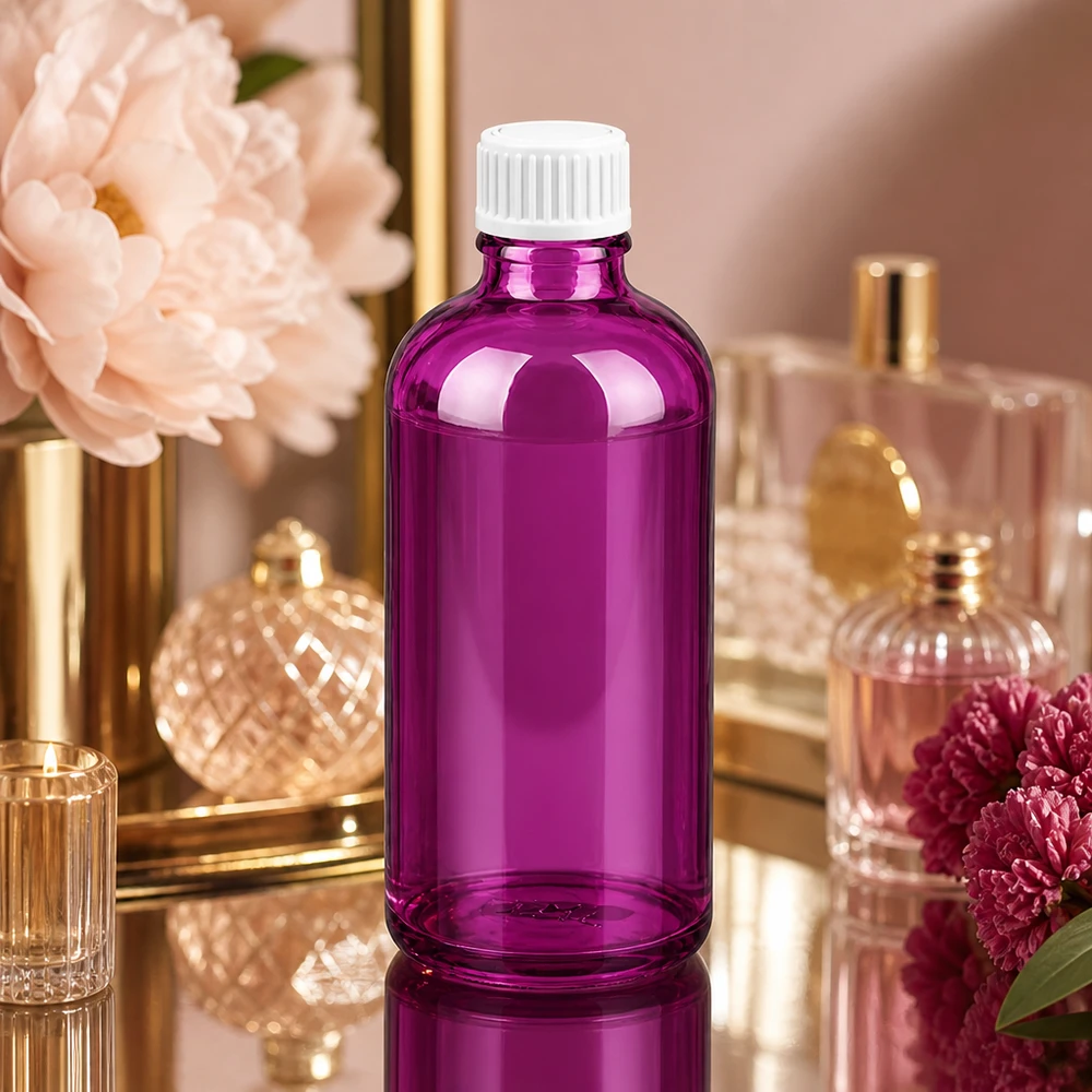 Butelka 100 ml (kuleczka) z pierścieniem nalewowym 3 mm, biała Standard PurpleLine. UT18/100 Elegancka fioletowa szklana butelka 100 ml z gwintem UT18 do luksusowych produktów kosmetycznych i serum