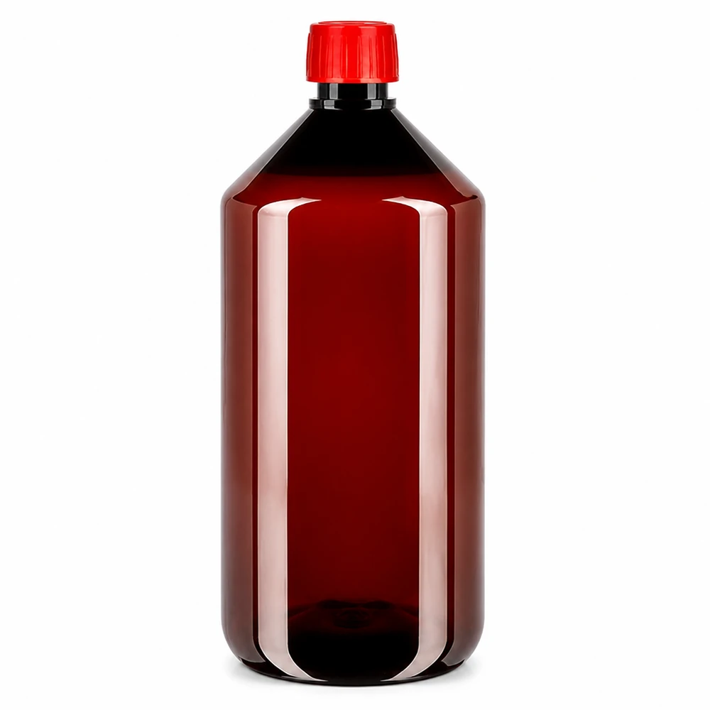 Brązowa butelka PET o pojemności 750 ml z czerwonym korkiem odpowietrzającym, przeznaczona do bezpiecznego przechowywania płynów
