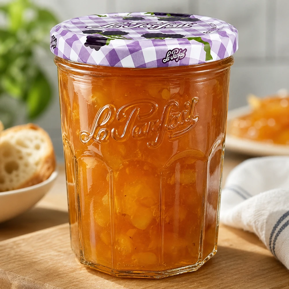Kubki Le Parfait 385 ml wypełnione marmoladą pomarańczową na drewnianym stole obok pieczywa i tacy śniadaniowej