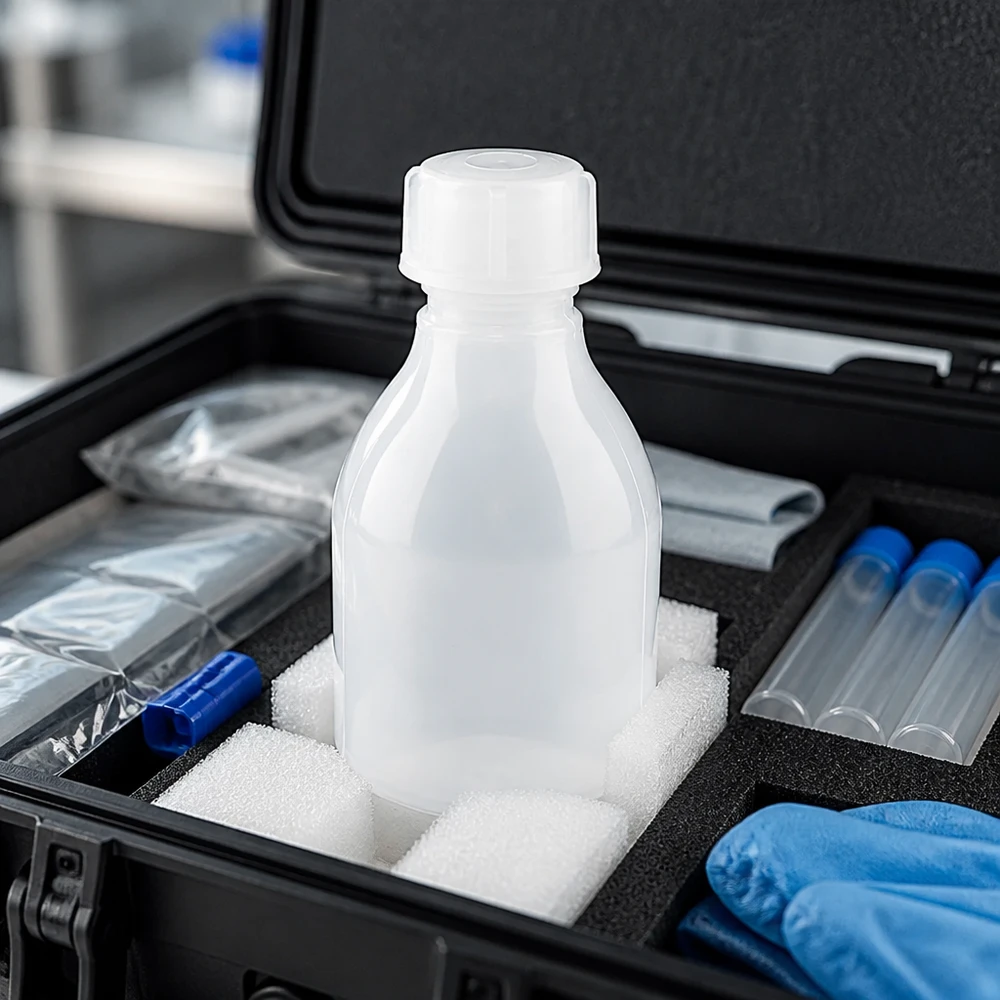 Butelka laboratoryjna o wąskiej szyjce o pojemności 30 ml w walizce na próbki wraz z pianką ochronną, probówkami i niebieskimi rękawiczkami