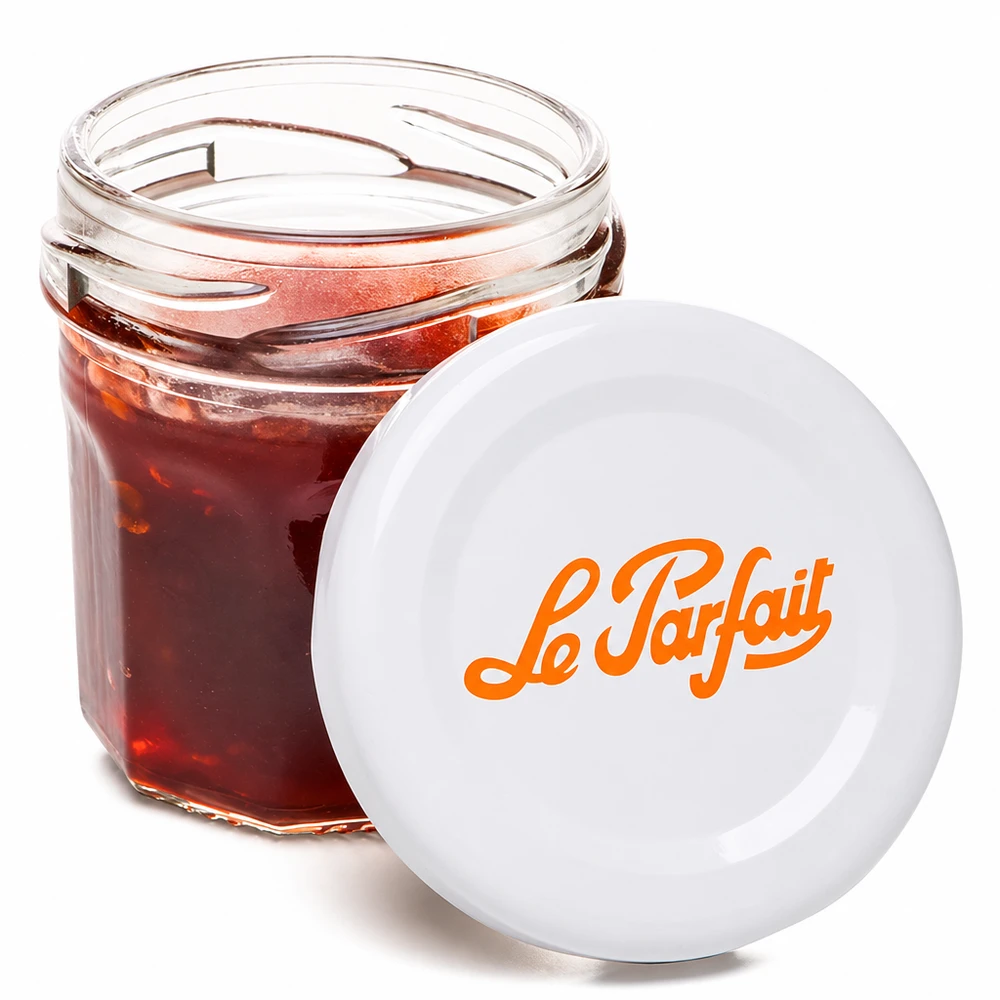 44ml Mini-Sturzglas "Jam" mit Schraubdeckel Le Parfait® Minisłoiczek Le Parfait o pojemności 44 ml z czerwonym dżemem i pomarańczowym logo na białej pokrywce