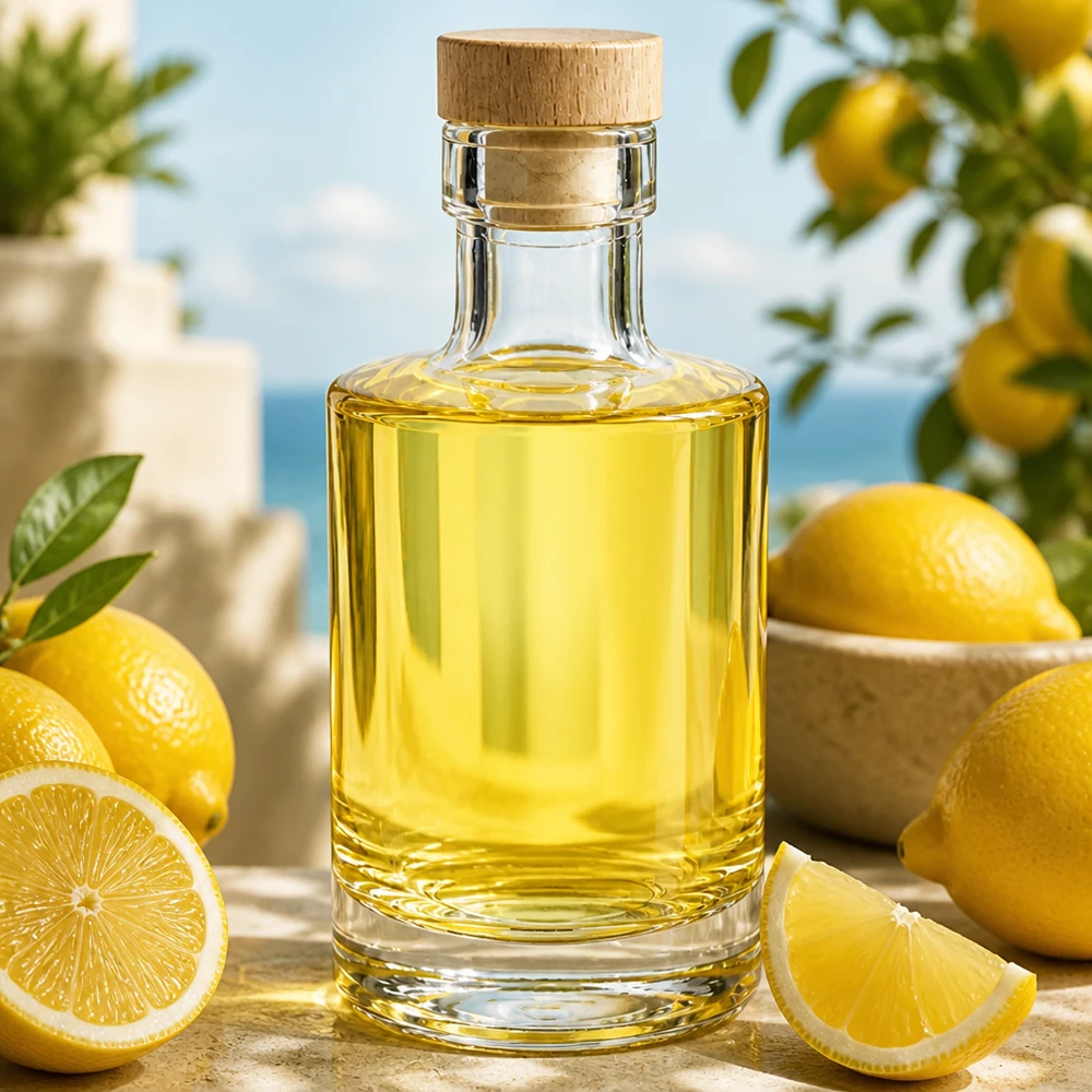 Butelka szklana 200 ml Marie z drewnianym korkiem UNiTWIST® 200 ml szklana butelka Marie wypełniona żółtym olejem, korek, dekoracyjnie ułożona z cytrynami na drewnianym stole