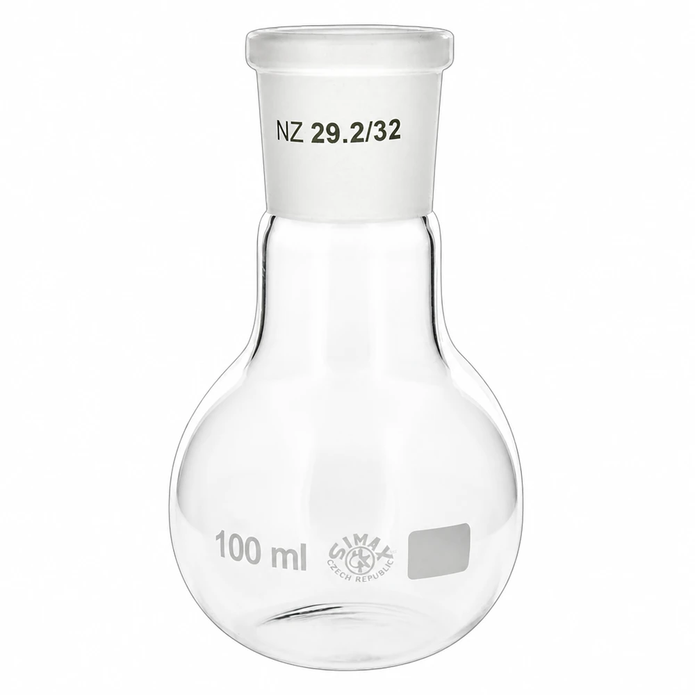 Kolba 100 ml ze standardowym szlifowanym złączem (29/32) Kolba stojąca 100 ml ze szkła borokrzemowego ze standardowym szlifowanym złączem NS 29/32 do zastosowań laboratoryjnych