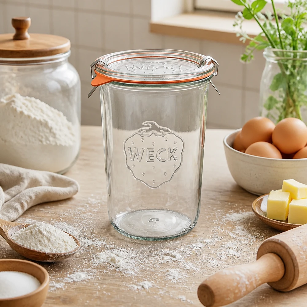 Kubki WECK 850ml RR100 w naturalnym środowisku kuchennym ze składnikami do pieczenia jajka masło i mąka do zagotowania