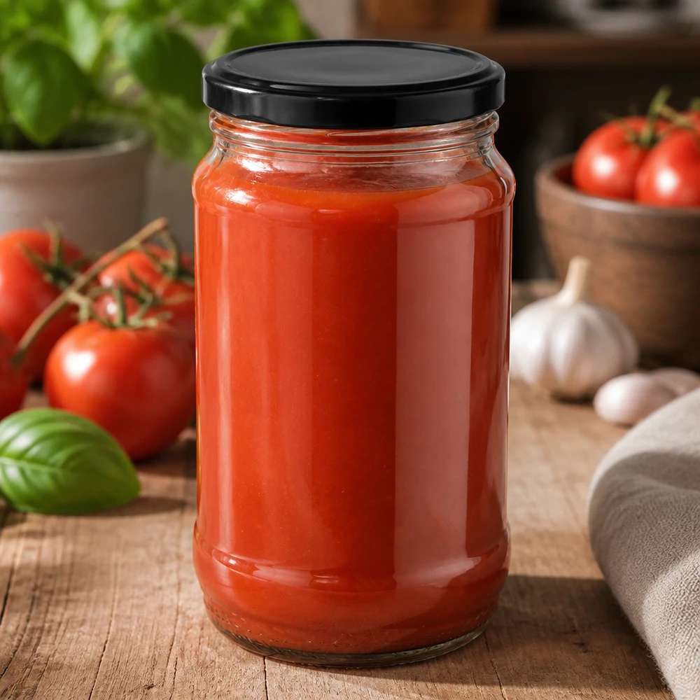 Okrągła szklana butelka UNiTWIST o pojemności 370 ml z czarną pokrywką BasicSeal, wypełniona czerwonym sosem pomidorowym, na drewnianym stole