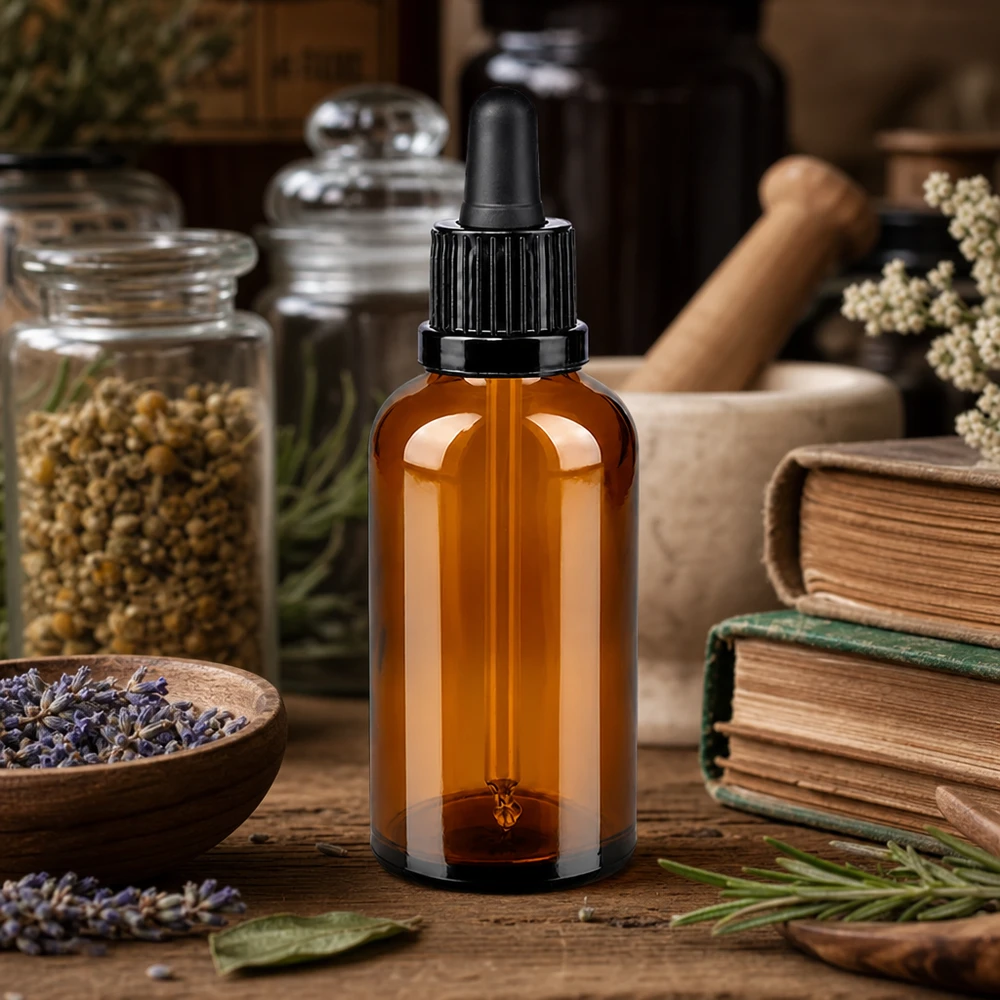 50 ml butelka z pipetą, czarna OV BrownLine UT18/50 Butelka z bursztynowego szkła o pojemności 50 ml z pipetą OV BrownLine UT18/50 Ochrona UV dla naturalnych kosmetyków i serum