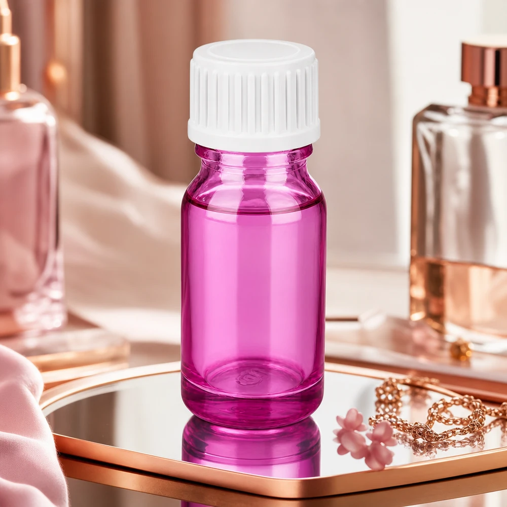 Butelka o pojemności 10 ml. Pierścień do nalewania 3 mm, biały, standardowy PurpleLine. UT18/10 Kompaktowa butelka z fioletowego szkła o pojemności 10 ml z białą nakrętką do precyzyjnego dozowania składników aktywnych