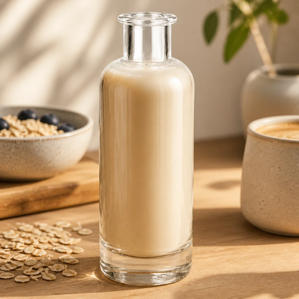 Szklana butelka Ella 200 ml bez zamknięcia UNiTWIST® 200 ml szklana butelka Ella wypełniona mlekiem owsianym na drewnianym stole obok płatków owsianych pokazuje zastosowanie mleka roślinnego