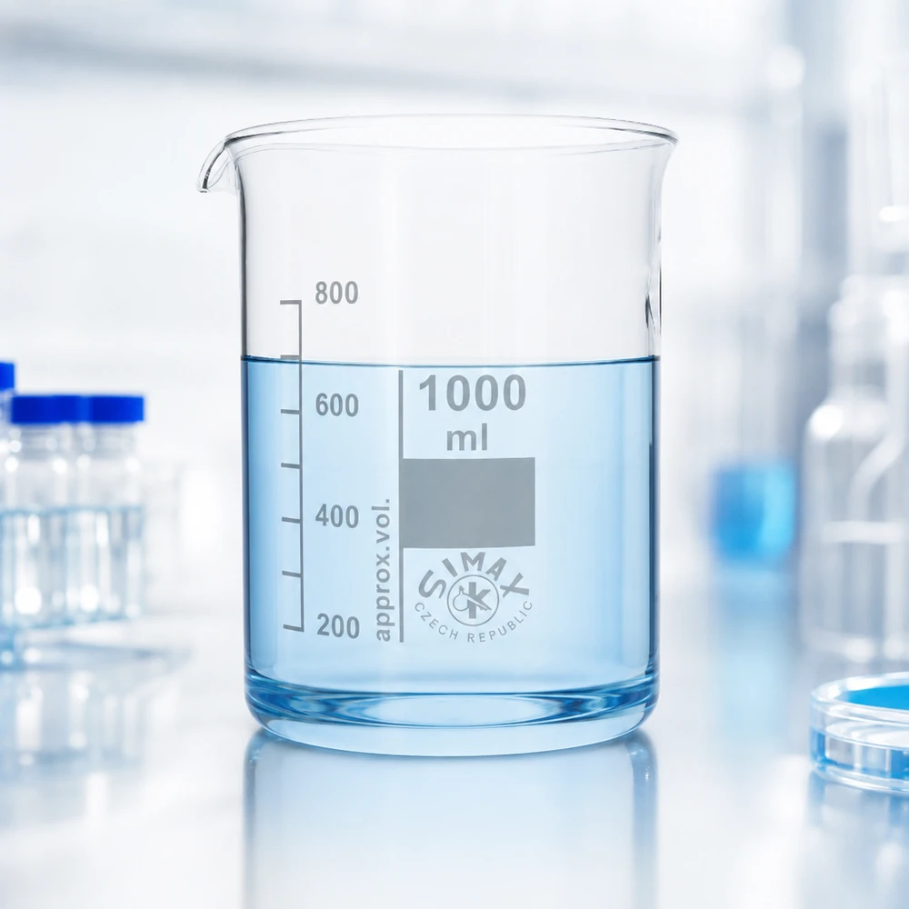 Zlewka 1000 ml ze szkła borokrzemowego, niski kształt Zlewka o dużej pojemności 1000 ml wykonana z wytrzymałego szkła borokrzemowego, przeznaczona do obszernych eksperymentów laboratoryjnych