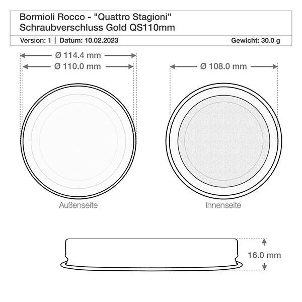 Słoik okrągły 3000 ml „Quattro Stagioni” z pokrywką Rysunek techniczny zakrętki Quattro Stagioni o wymiarach 114,4 mm średnicy i 16 mm wysokości