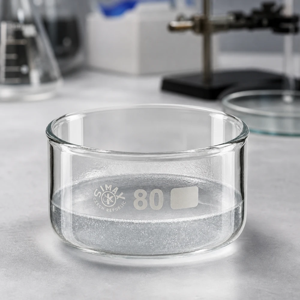 Naczynie do krystalizacji 150 ml bez dziobka borokrzemianowe Pusta, przezroczysta miska do krystalizacji 150 ml, szkło borokrzemowe, ø 80 mm, SIMAX Czech Republic – wyposażenie laboratoryjne