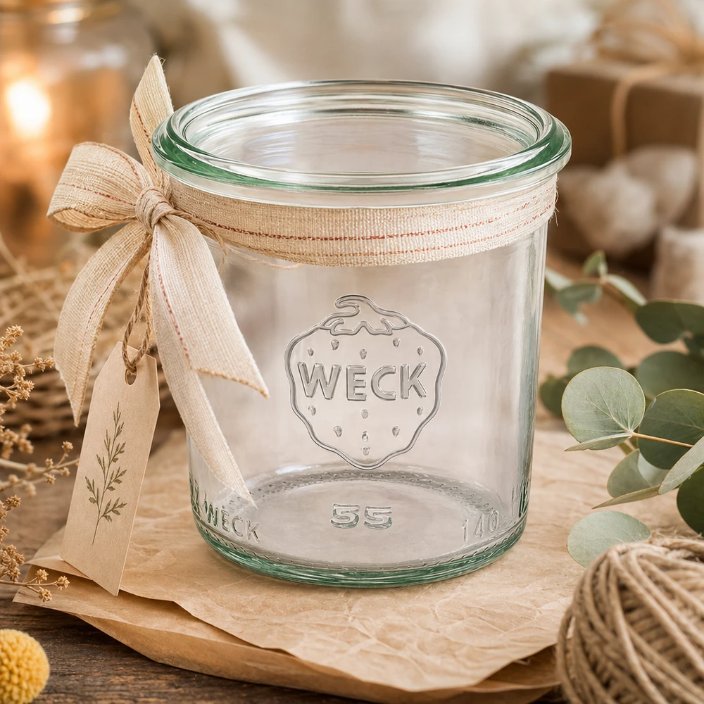 140 ml słoik WECK RR60 ze wstążką na drewnianej desce, pusty słoik na dżem i przetwory