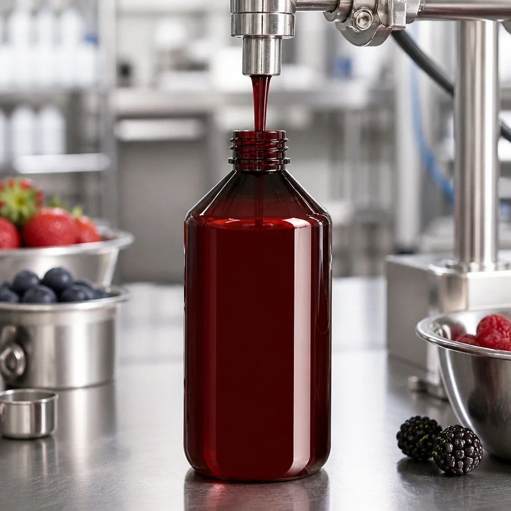Brązowa butelka PET o pojemności 750 ml jest napełniana czerwonym sokiem jagodowym w przemysłowej linii rozlewniczej