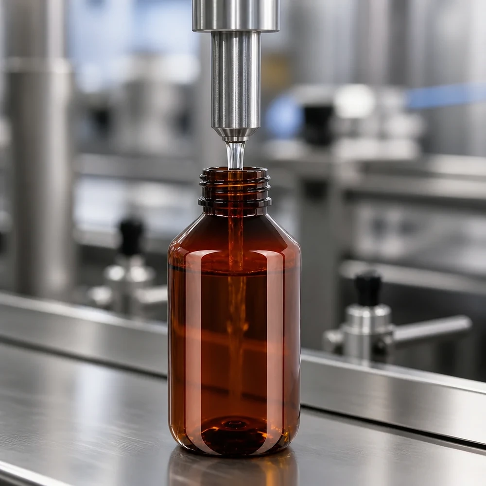 Präzisionsabfüllung in braune 500ml PET Flasche mit OV Verschluss Produktionsumgebung
