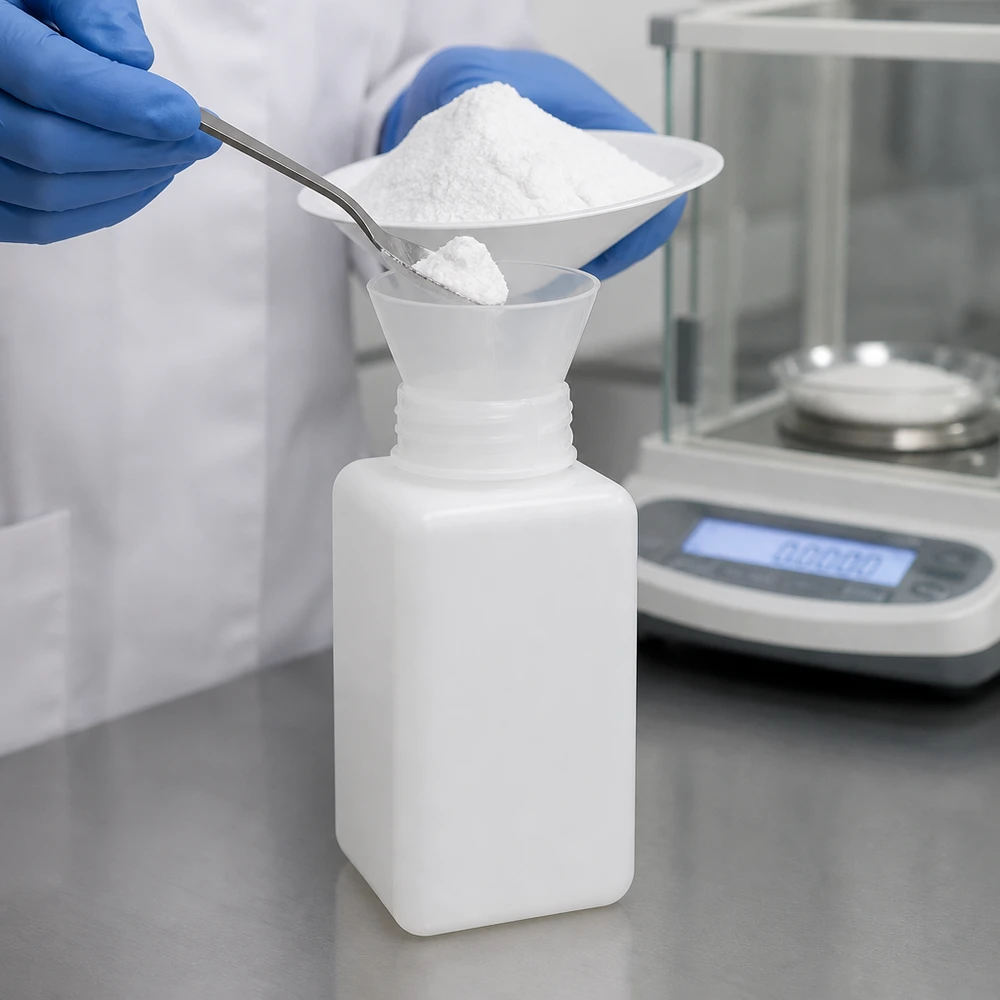 Laborant napełnia butelkę na chemikalia z szeroką szyjką z PE-HD o pojemności 1500 ml białym proszkiem za pomocą lejka