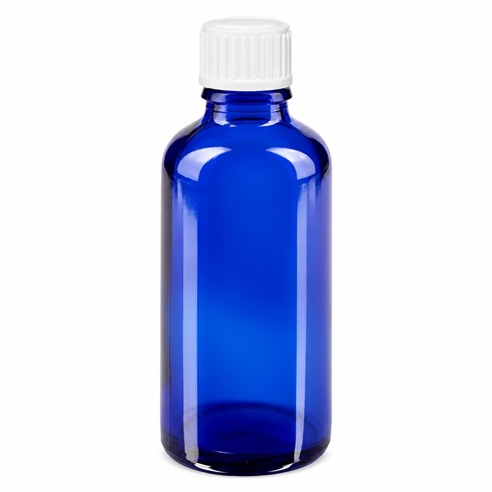 Butelka apteczna niebieska 50ml zakrętka białe kuleczki St Niebieska szklana butelka o pojemności 50 ml z białym zamknięciem, wykonana ze szkła aptecznego, przeznaczona do zastosowań farmaceutycznych