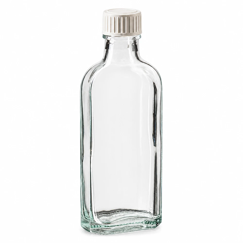 Przezroczysta szklana butelka Meplat o pojemności 100 ml z białą zakrętką i wkładką z pianki PE