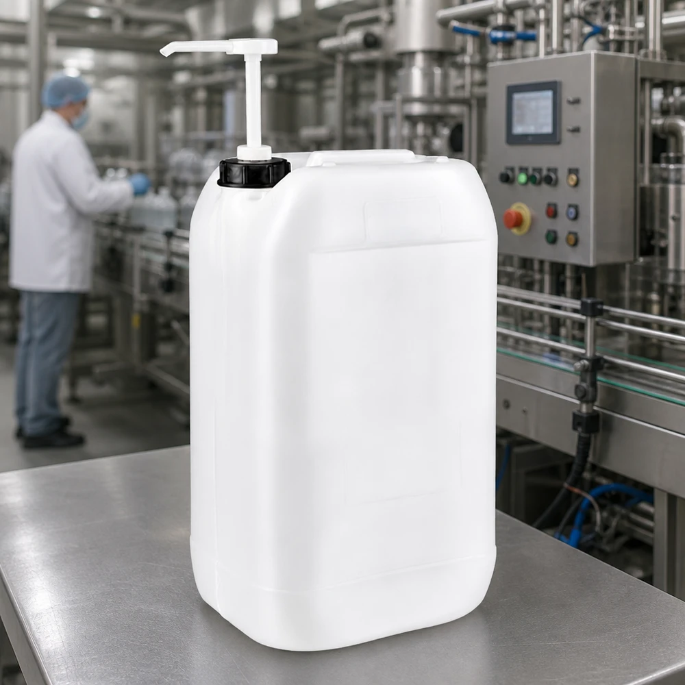 Prostokątny kanister z HDPE o pojemności 15 l z pompą dozującą, umieszczony na stole ze stali nierdzewnej w przemysłowym zakładzie produkcyjnym