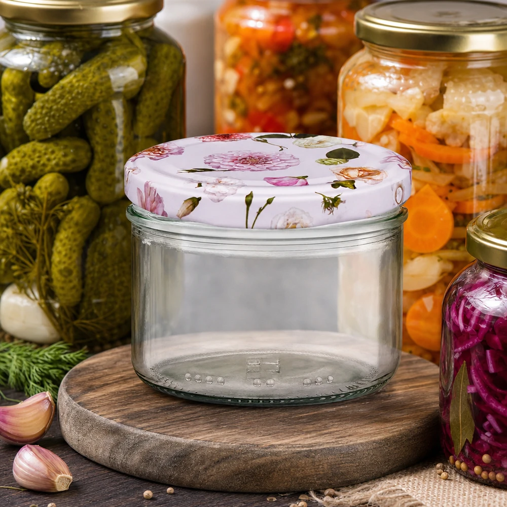 Cylindryczny słoik o pojemności 230 ml z różową pokrywką w kwiatki między słoikami do przetworów - słoiki do fermentacji i przechowywania
