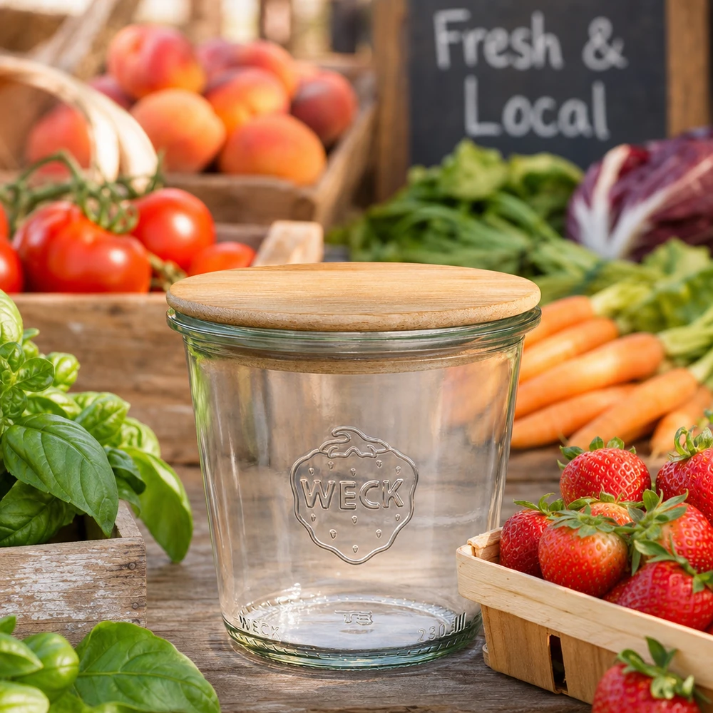 Wysokie kubki WECK RR80 o pojemności 290 ml z drewnianą pokrywką WECK słoik do przechowywania 290ml RR80 z drewnianą pokrywką między świeżymi warzywami i owocami na straganie Fresh Local