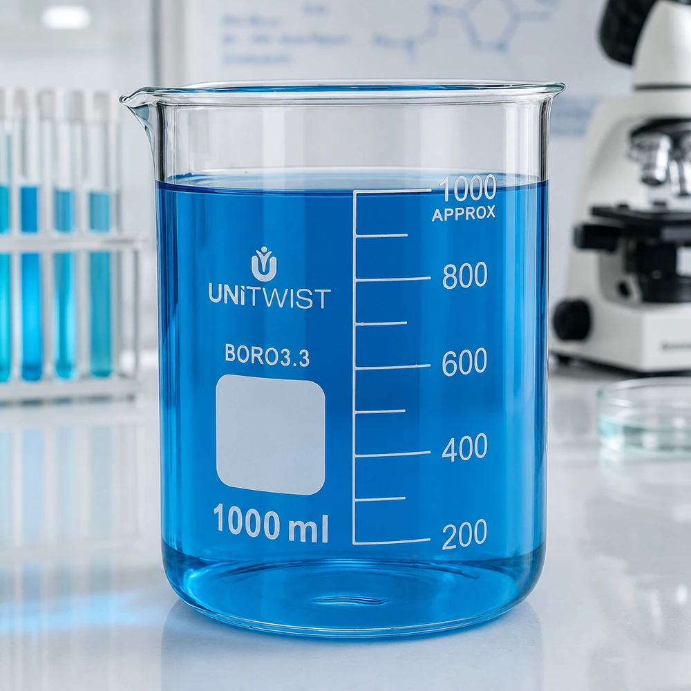 Szklanka UNiTWIST o pojemności 1000 ml, wykonana z borokrzemianu, o niskim profilu, z niebieską cieczą w laboratorium