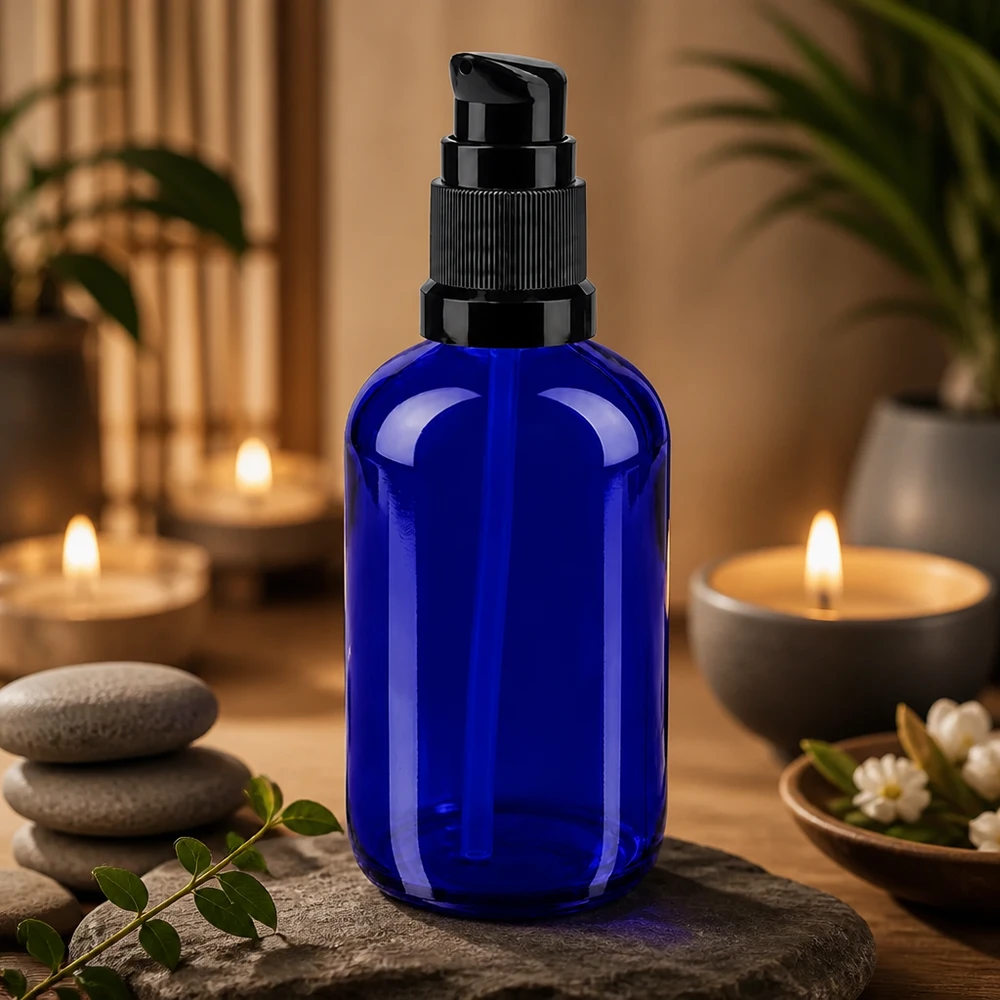 Butelka apteczna niebieska 100ml zakrętka z pompką czarna St Niebieska butelka z pompką o pojemności 100 ml, wykonana ze szkła aptecznego, z czarnym dozownikiem, w stylu wellness