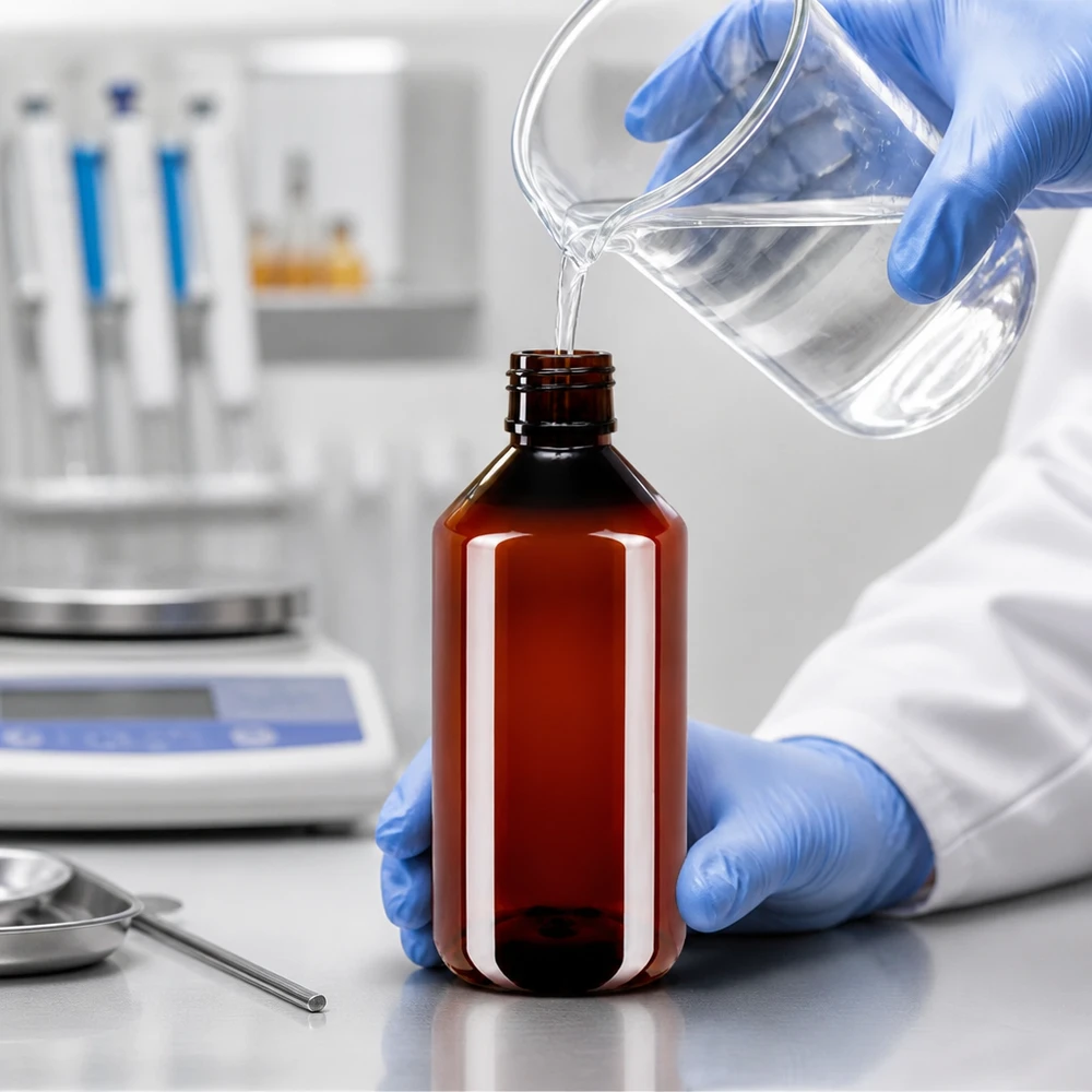 Laborant, mając na rękach rękawiczki ochronne, napełnia brązową butelkę PET o pojemności 750 ml płynem z zlewki.