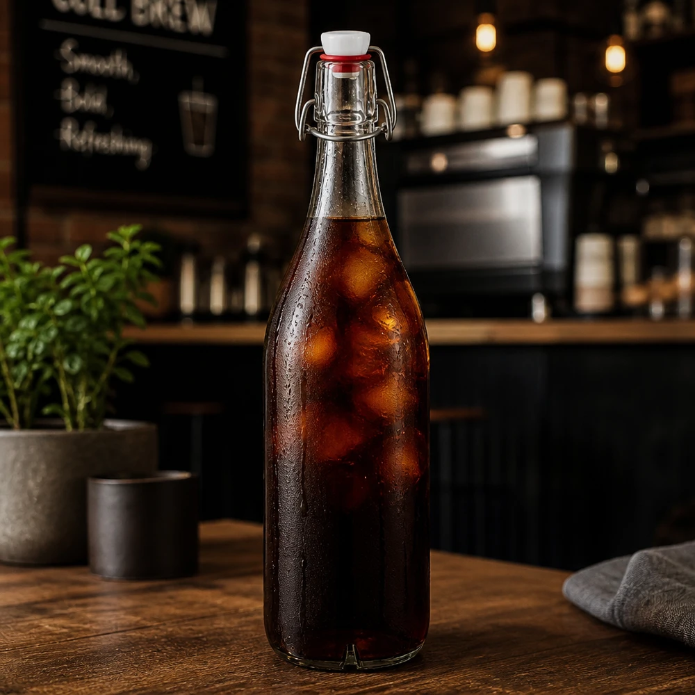 1000ml Glasflasche mit Bügelverschluss gefüllt mit Cola-Getränk auf Holztheke in stilvoller Café-Atmosphäre