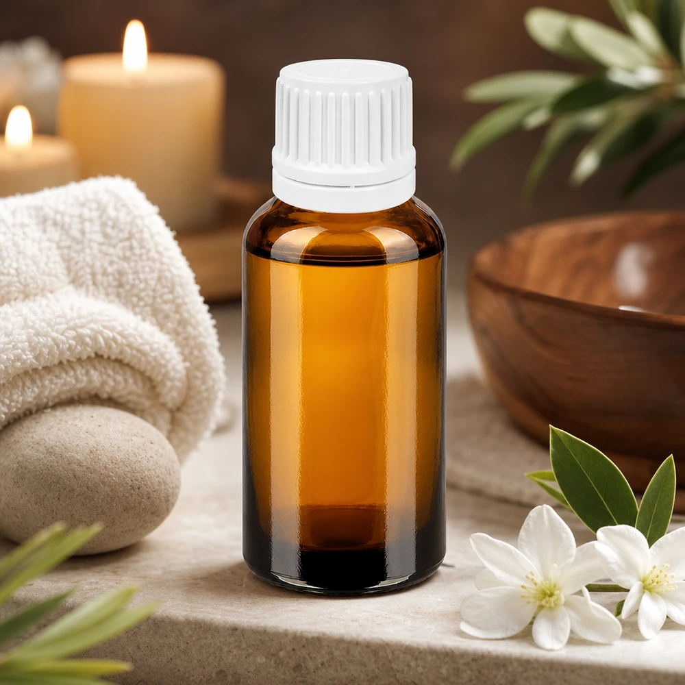 30 ml butelka z kroplomierzem 0,7 mm biała OV BrownLine UT18/30 Butelka z zakraplaczem z bursztynowego szkła o pojemności 30 ml z zabezpieczeniem przed dziećmi OV do bezpiecznego przechowywania esencji
