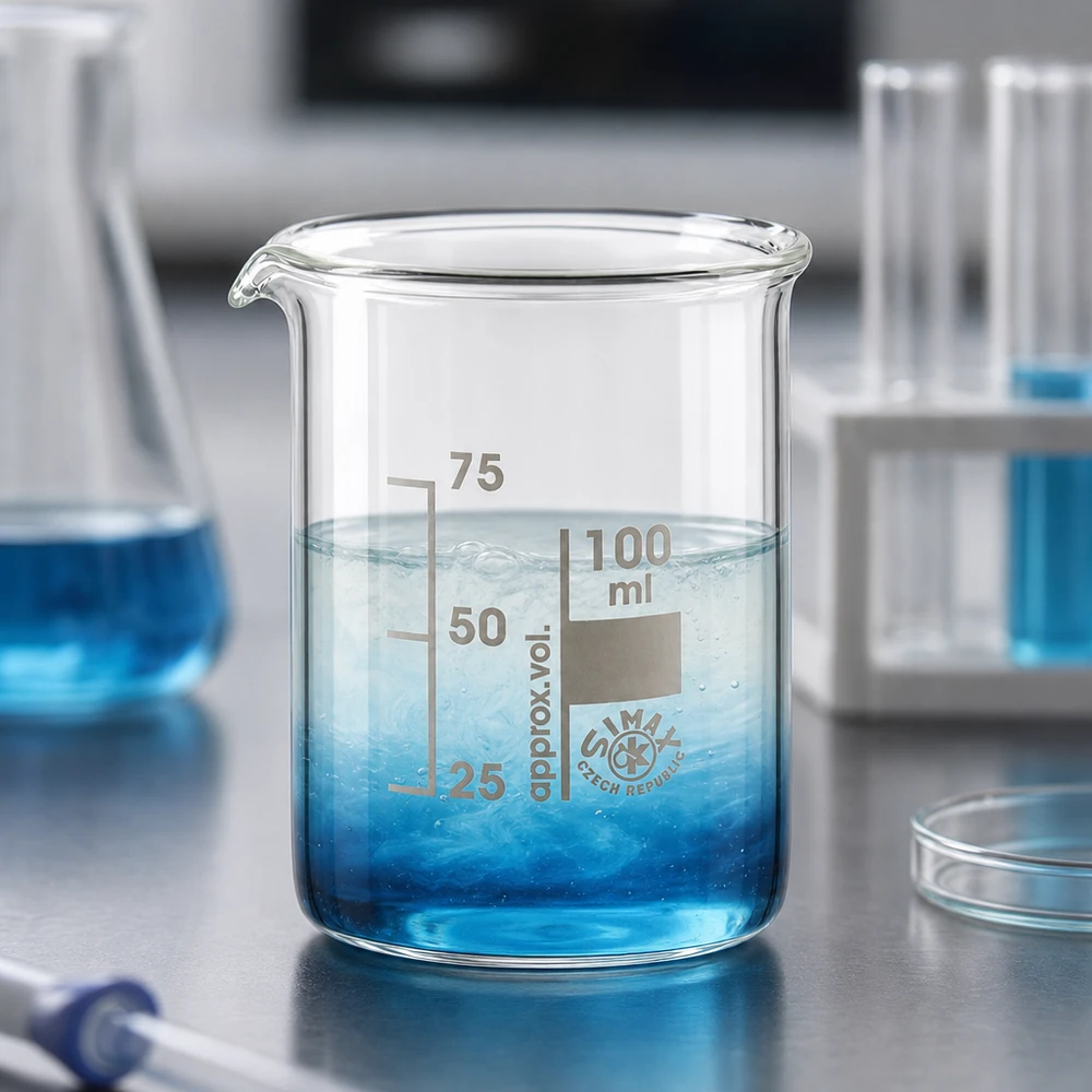 Zlewka 100 ml ze szkła borokrzemowego, niski kształt Zlewka ze szkła borokrzemowego 100 ml z niebieskim roztworem i wyraźnie widoczną skalą mililitrową