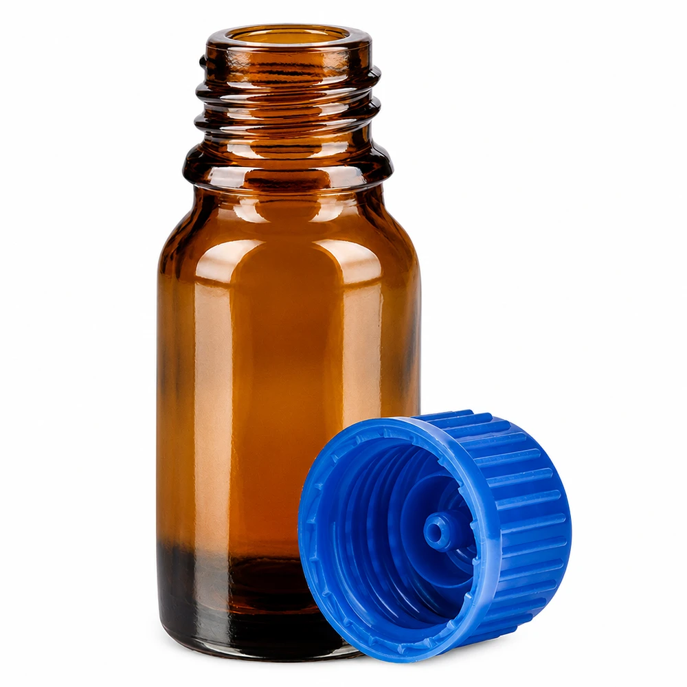 Butelka 10 ml 11 mm SV niebieska STD BrownLine UT18/10 Mała buteleczka z bursztynowego szkła o pojemności 10 ml z niebieską zakrętką do olejków eterycznych i nalewek