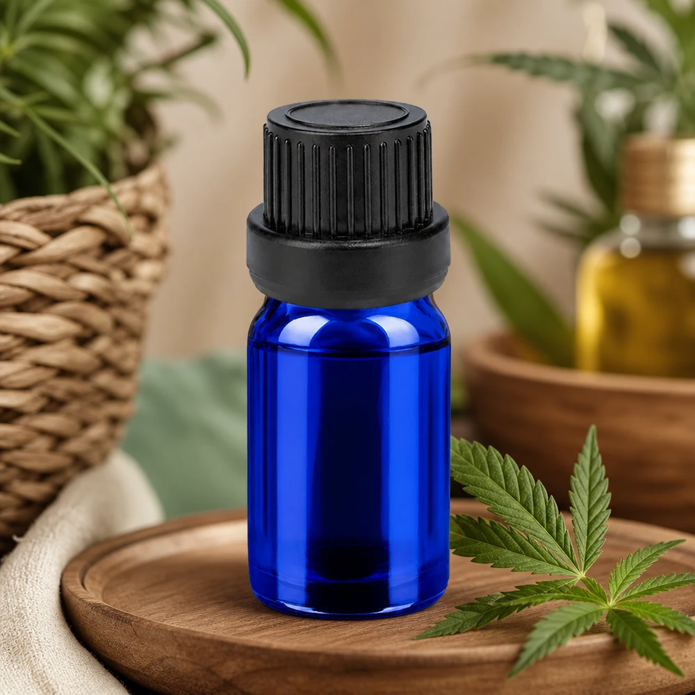 Butelka 5 ml 11 mm SV czarna OV BlueLine UT18/5 Butelka z zakraplaczem o pojemności 5 ml wykonana z niebieskiego szkła chroniącego przed promieniowaniem UV z czarną nasadką do precyzyjnego dozowania.