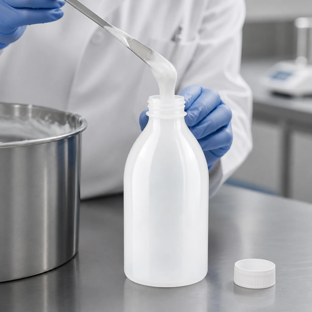 Butelka zakręcana 500 ml, butelka laboratoryjna z wąską szyjką Präzises Abfüllen einer cremigen Probe in 500ml Enghals Laborbehälter aus PE
