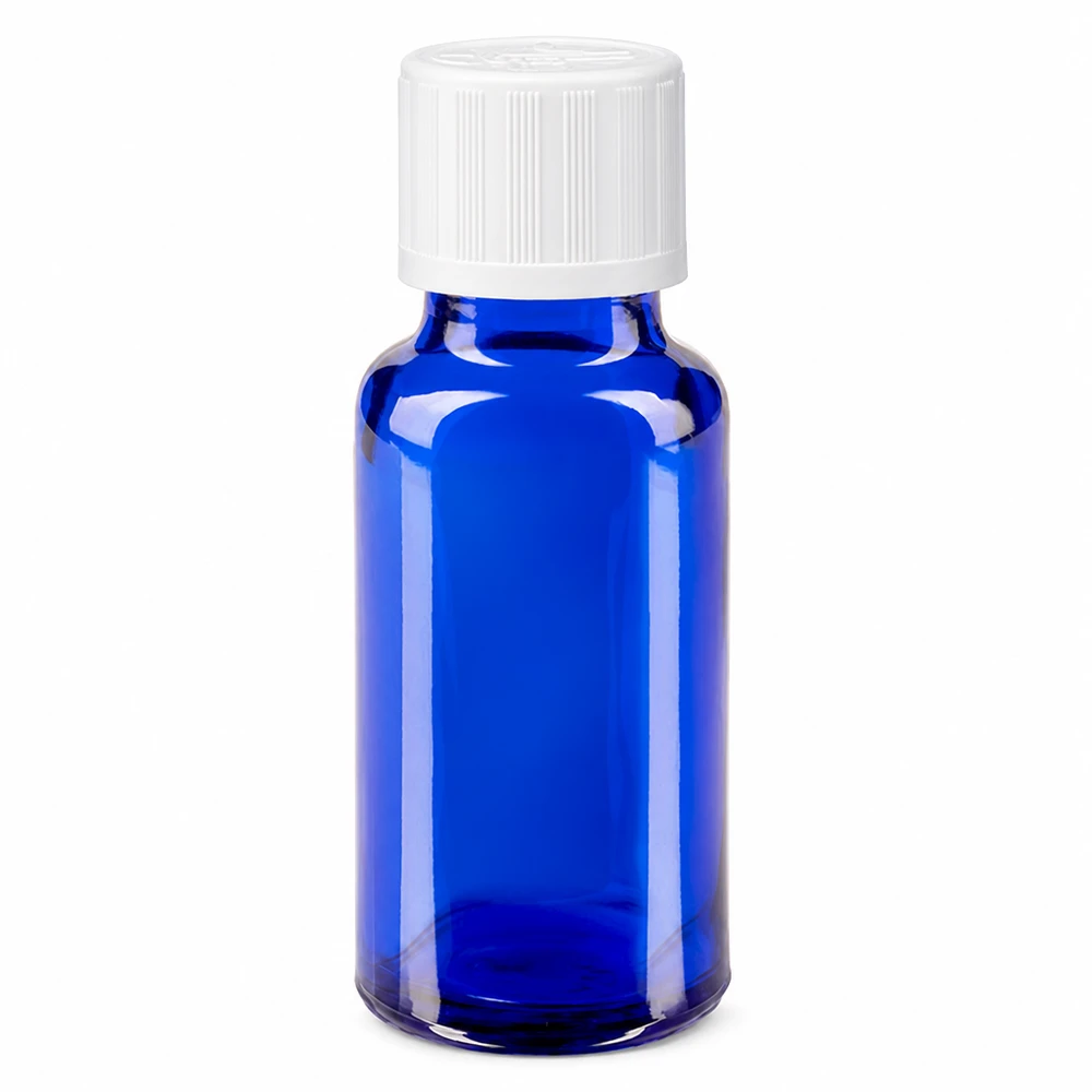 Butelka apteczna niebieska 20ml zakrętka biała KiSi St 20 ml niebieska szklana buteleczka apteczna z białym zamknięciem zabezpieczającym przed dziećmi o średnicy 11 mm