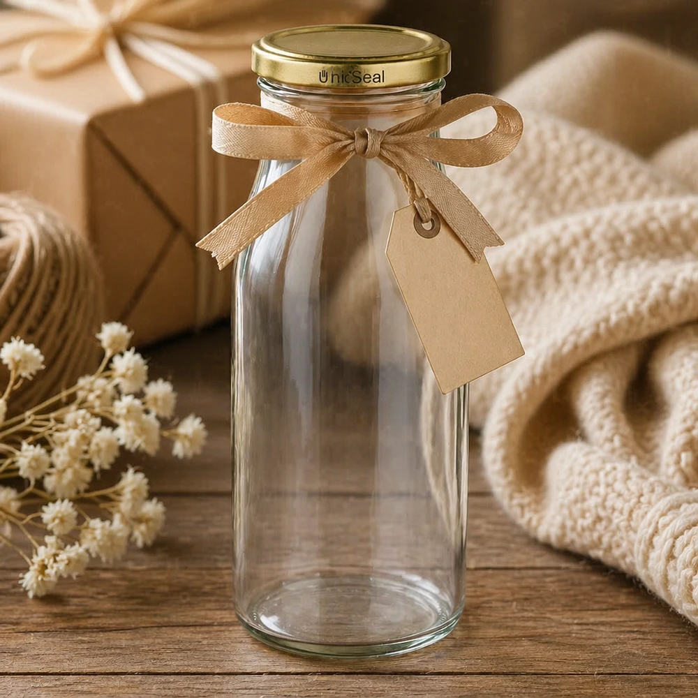 Butelka UNiTWIST Bottle150 w kolorze złotym. Pokrywka TO43 BioSeal UNiTWIST szklana butelka 150ml ozdobnie prezentowana ze złotą wstążką BioSeal pomysł na prezent styl życia