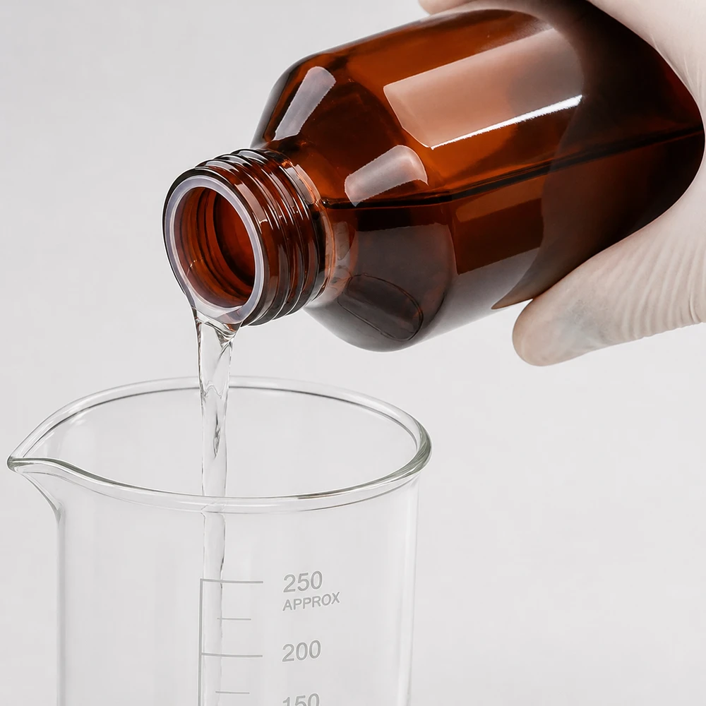 Set aus lichtgeschützter 200ml PET Rundflasche mit weißem OV und geeichtem Glasmessbecher