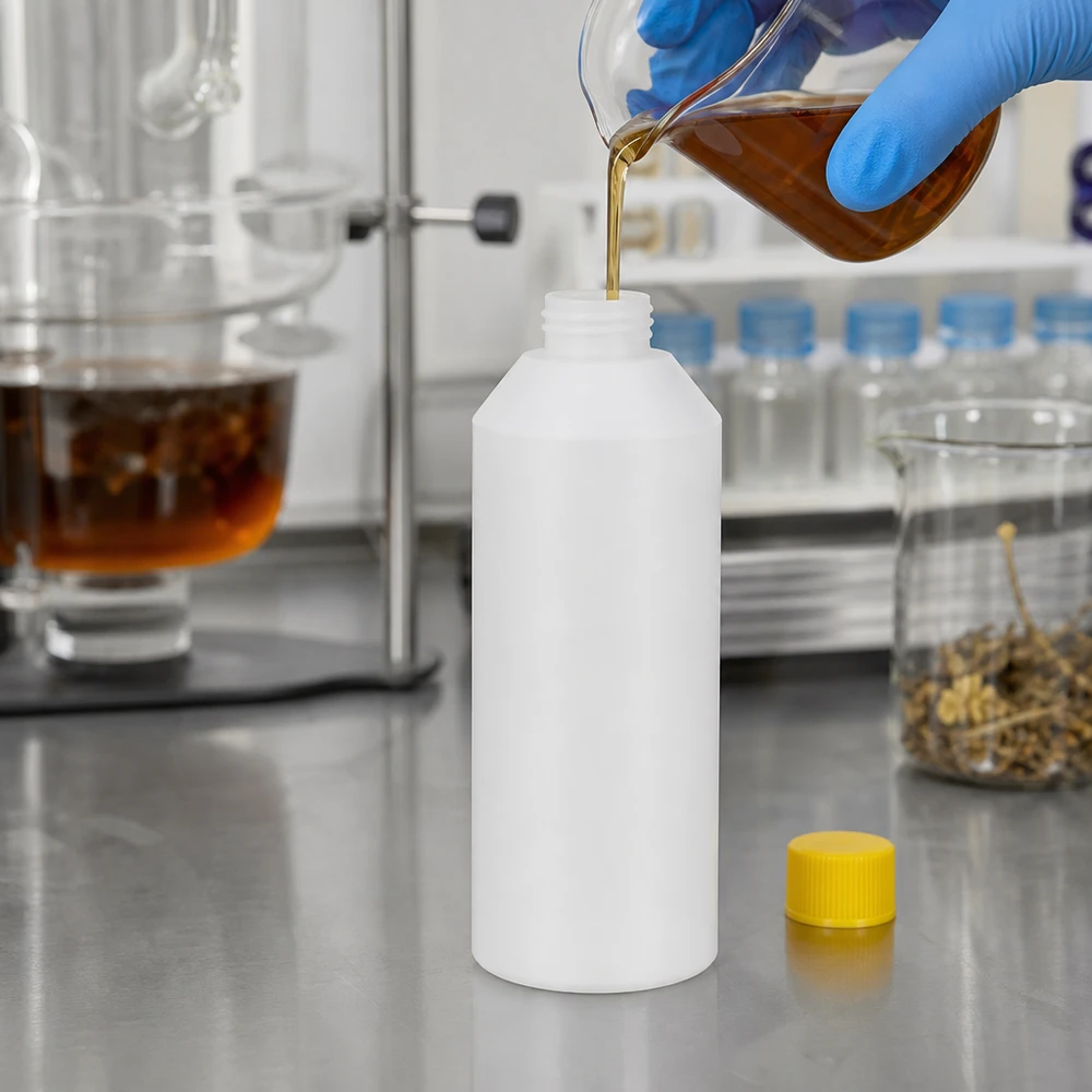Biała butelka z HDPE o pojemności 250 ml z żółtym znakiem SV podczas napełniania ekstraktem roślinnym w laboratorium