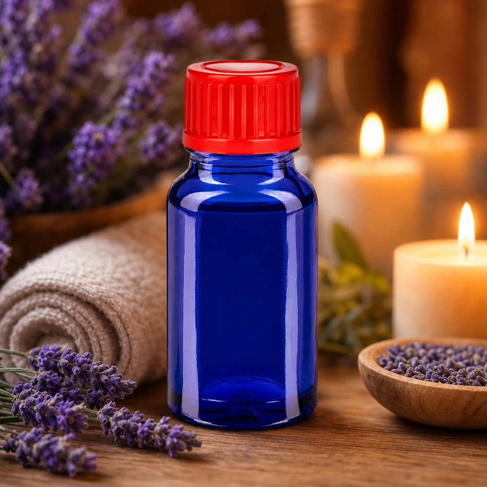Butelka 10 ml 11 mm SV czerwony STD BlueLine UT18/10 Mała szklana buteleczka 10 ml w kolorze niebieskim z czerwoną nakrętką do olejków eterycznych i aromaterapii