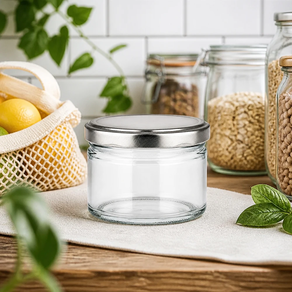 Okrągły słoik 540 ml ze srebrną pokrywką w nowoczesnej kuchni, zrównoważony słoik do przechowywania między słoikami do przechowywania
