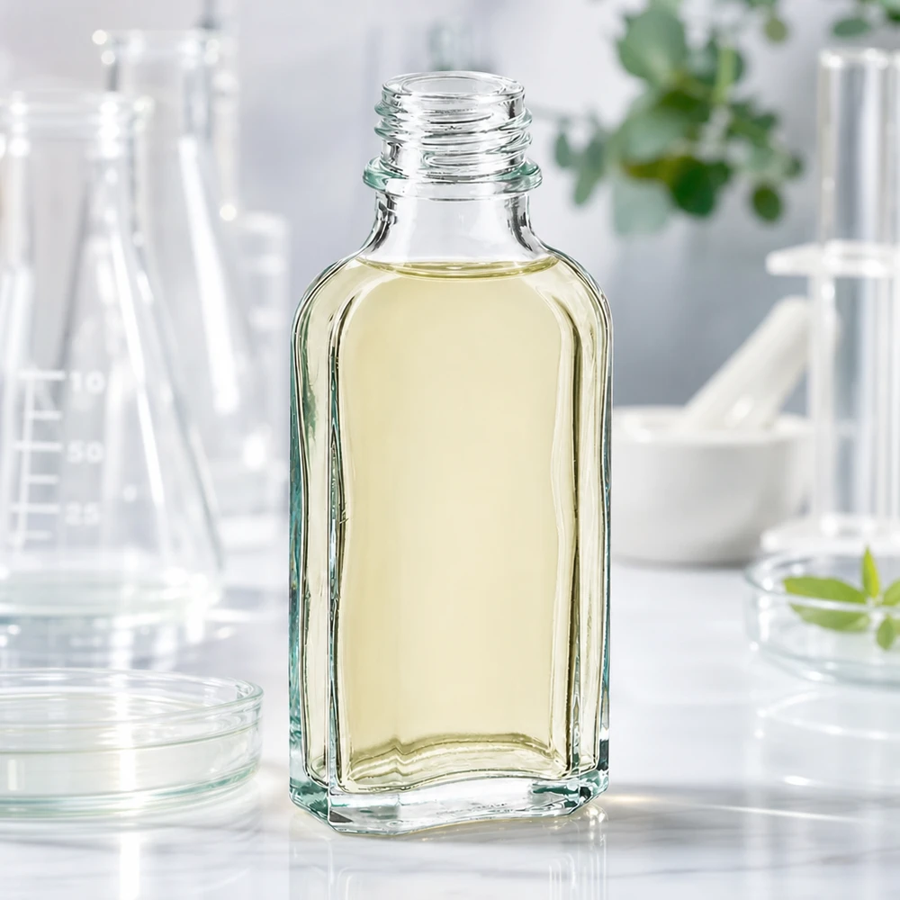 Płaska, przezroczysta butelka typu Meplat o pojemności 50 ml z żółtawą zawartością i gwintem DIN 22